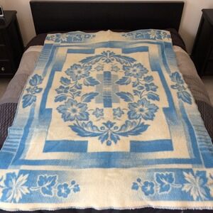 Vintage Wool Blanket Floral Reversible Blue 53" x 78" Granny Cottage
